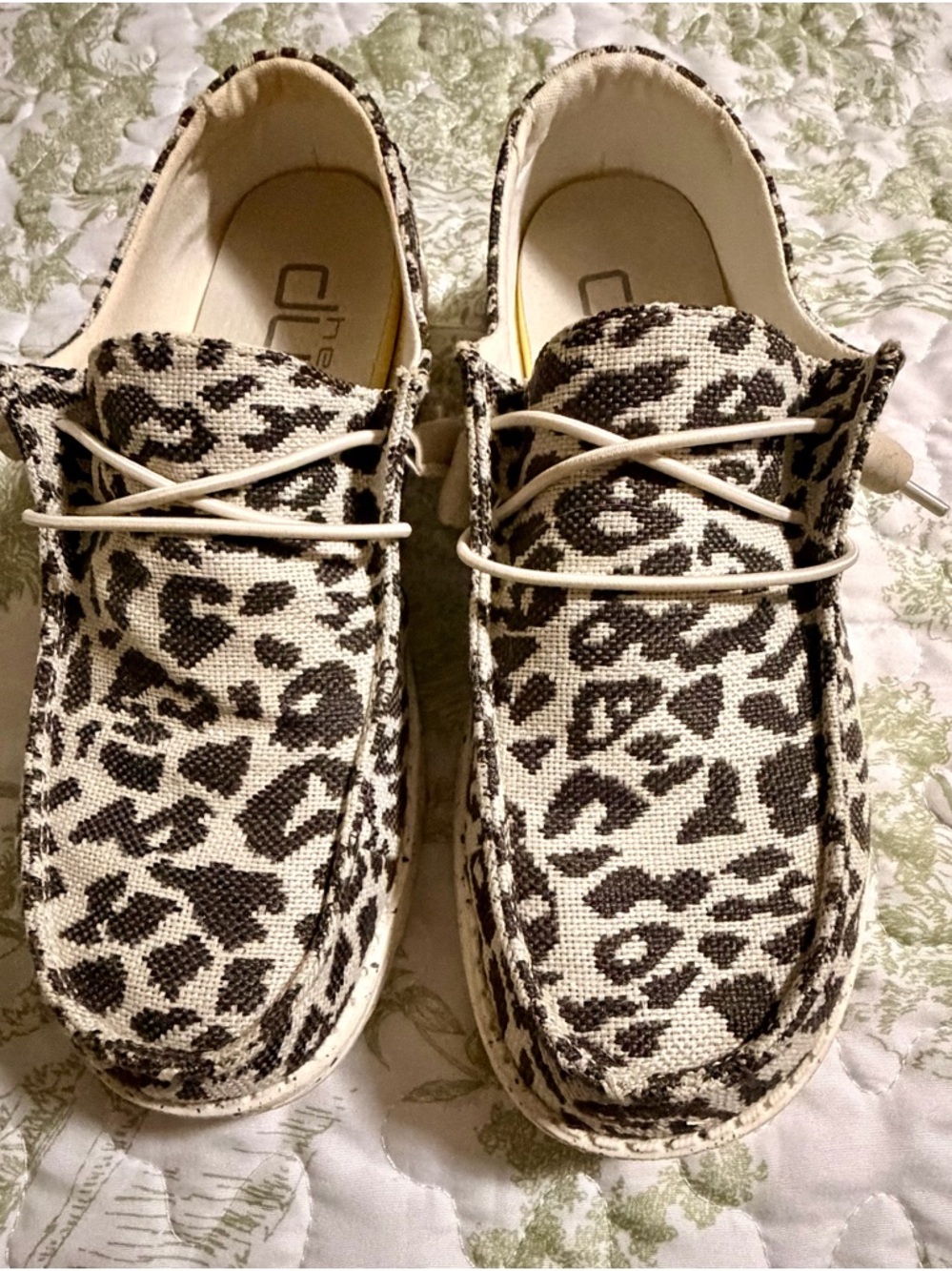 Hey Dude Women's Leopard Print Canvas Slippers in Cream and Brown